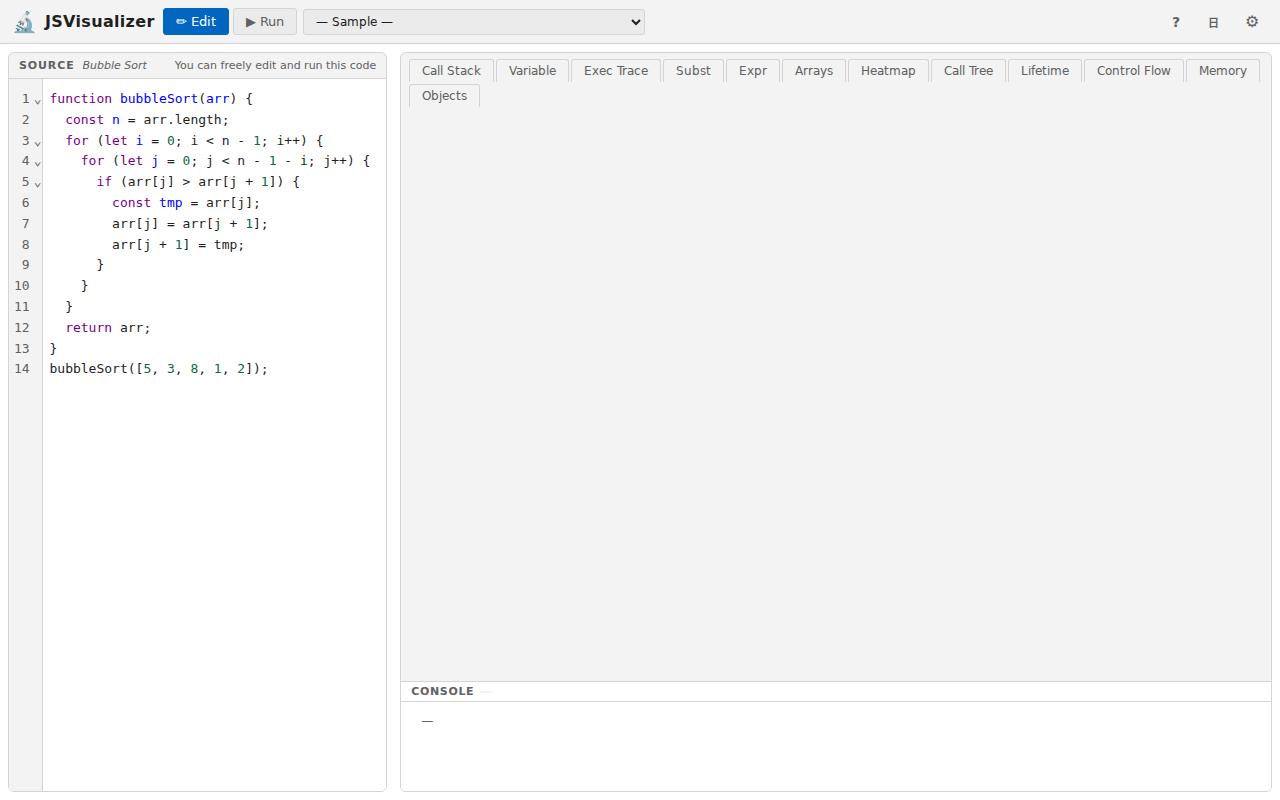 The screen in Edit mode: Edit and Run buttons and the sample selector at the top, bubble sort code on the left