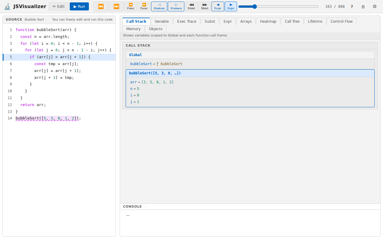 The screen in Run mode: stepping buttons and a slider at the top, highlighted code on the left, view tabs and the console on the right