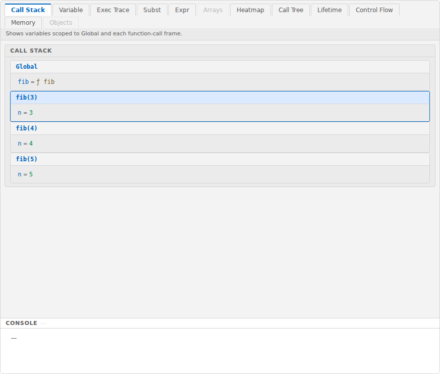 Call Stack view: the global frame and a frame for each fib call showing the value of n