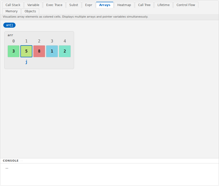 Arrays view: array elements shown as cells, with the element pointed to by an index variable marked