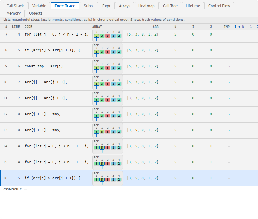 Exec Trace view: a table with, for each step, the line number, code, an array diagram, variable values, and condition results