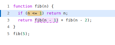 再帰関数fibのコード。条件式がオレンジ、呼び出し元の fib(n - 1) に紫の破線