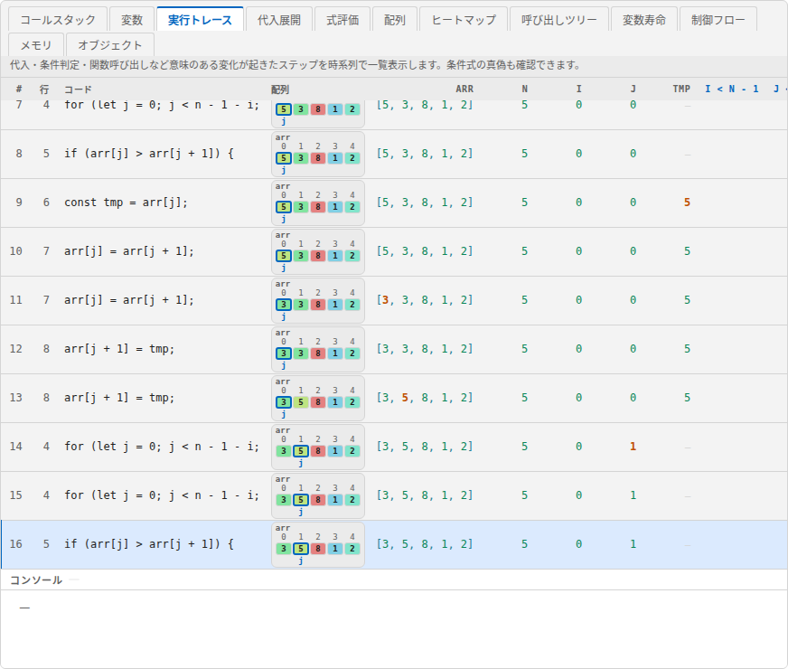 実行トレースビュー。ステップごとに行番号、コード、配列の図、変数の値、条件式の結果が並ぶ表